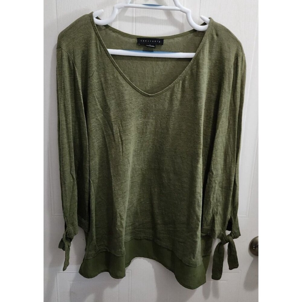 Sanctuary Women's 3/4 Tie Sleeve Flutter Hem Blouse Linen Solid Green Size Large